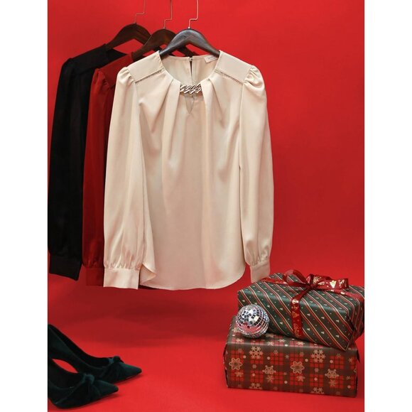 Chic Long Sleeve Satin Silk Top for Women - Elegant Hip-Length Blouse in Apricot - Picture 8 of 9